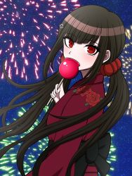 Rule 34 | 1girl, alternate costume, black bow, bow, brown hair, candy apple, commentary request, danganronpa (series), danganronpa v3: killing harmony, fireworks, floral print, food, from side, hair ornament, hairclip, harukawa maki, highres, holding, holding food, japanese clothes, kimono, long sleeves, mole, mole under eye, night, night sky, obi, red eyes, red kimono, sash, sky, solo, suiren yurei, twintails, upper body