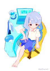 Rule 34 | 1girl, absurdres, barefoot, blue hair, blue ribbon, blue skirt, blunt bangs, blush, braid, braided bangs, brown eyes, chair, closed mouth, collared shirt, commentary request, computer, cup, drinking glass, from above, full body, hair ribbon, hand fan, highres, hisakawa nagi, idolmaster, idolmaster cinderella girls, laptop, long hair, low twintails, noniha, office chair, paper, paper fan, ribbon, shirt, short sleeves, sitting, skirt, solo, swivel chair, table, twintails, uchiwa, white background, white shirt