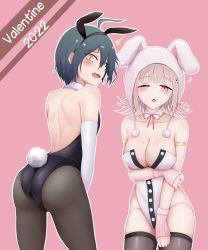 Rule 34 | 1boy, 1girl, 2022, 7cs (congchuabuoito), :o, absurdres, animal ears, animal hood, ass, bad id, bad pixiv id, bare shoulders, black leotard, blush, breasts, brown gloves, brown thighhighs, crossdressing, danganronpa (series), danganronpa 2: goodbye despair, danganronpa v3: killing harmony, detached collar, detached sleeves, fake animal ears, fake tail, from behind, galaga, gloves, groin, hair ornament, highres, hood, large breasts, leotard, looking at viewer, looking back, nanami chiaki, neck ribbon, official alternate costume, one eye closed, outline, pantyhose, pink background, pink ribbon, playboy bunny, rabbit ears, rabbit hood, ribbon, saihara shuichi, skindentation, sleepy, tail, thighhighs, trap, two-tone leotard, valentine, white leotard, white outline, white sleeves