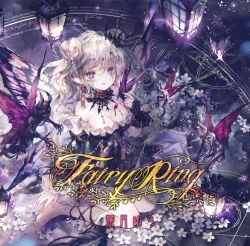 Rule 34 | 1girl, album cover, album name, bare shoulders, barefoot, blonde hair, breasts, butterfly wings, choker, cleavage, commentary request, cover, crown, demon, demon horns, double bun, dress, earrings, fingerless gloves, flower, gloves, goth fashion, hair bun, horns, insect wings, jewelry, lamp, long hair, looking at viewer, magic circle, medium breasts, mini crown, onineko, original, pointy ears, purple eyes, single fingerless glove, sparkle, strapless, strapless dress, tassel, tassel earrings, white flower, wings
