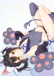 Rule 34 | 1girl, :3, animal ears, animal hands, bell, black hair, black panties, blue ribbon, blush, breasts, brown eyes, cat ears, cat paws, closed mouth, collarbone, etto eat, fate/grand order, fate/kaleid liner prisma illya, fate (series), garter straps, grey thighhighs, hair ornament, hairclip, highres, looking at viewer, lying, miyu edelfelt, navel, on back, over-kneehighs, panties, ribbon, short hair, short twintails, sleeveless, small breasts, smile, solo, thighhighs, twintails, underwear