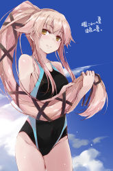 Rule 34 | 10s, 1girl, bare shoulders, black one-piece swimsuit, blue sky, breasts, competition swimsuit, cowboy shot, day, hair ribbon, holding, holding hair, kantai collection, long hair, looking at viewer, medium breasts, one-piece swimsuit, outdoors, pink hair, ponytail, ribbon, sky, smile, solo, standing, swimsuit, very long hair, yellow eyes, yumesato makura, yura (kancolle)