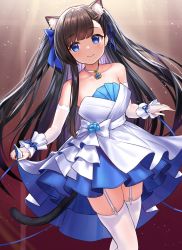 Rule 34 | 1girl, animal ear fluff, animal ears, arm warmers, azur lane, bare shoulders, black hair, blue bow, blue dress, blue eyes, blue ribbon, blush, bow, breasts, cat ears, cat girl, clothes lift, dress, garter belt, hair ribbon, hatsuharu (azur lane), hatsuharu (hatsuharu in the limelight) (azur lane), highres, holding, holding clothes, holding dress, holding skirt, indoors, jewelry, kiki-yu, layered dress, long hair, looking at viewer, necklace, official alternate costume, ribbon, skirt, skirt lift, small breasts, smile, solo, strapless, strapless dress, thighhighs, two-tone dress, white thighhighs