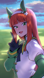Rule 34 | 1girl, animal ears, black gloves, blunt bangs, breath, cloud, cloudy sky, ear covers, flat chest, gloves, green eyes, hair ornament, hairband, hairclip, hand up, hime cut, horse ears, horse girl, jacket, layered sleeves, long hair, long sleeves, looking at viewer, open mouth, orange hair, puffy sleeves, signature, silence suzuka (umamusume), sky, solo, spacezin, sweat, sweatdrop, umamusume, white hairband, white jacket