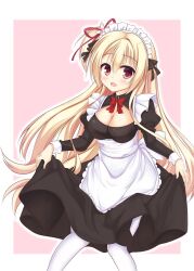 Rule 34 | 1girl, alternate costume, amairo islenauts, apron, black bow, black dress, blonde hair, blush, bow, bowtie, breasts, cleavage, cleavage cutout, clothes lift, clothing cutout, commentary request, cowboy shot, dress, dress lift, enmaided, frilled apron, frills, hair between eyes, hair bow, hair ribbon, highres, igarashi kenji, juliet sleeves, large breasts, lifting own clothes, long hair, long sleeves, looking at viewer, maid, maid apron, maid day, medium hair, one side up, open mouth, pantyhose, pink background, puffy sleeves, red bow, red bowtie, red eyes, red ribbon, ribbon, shirley warwick, sidelocks, simple background, smile, solo, standing, straight hair, very long hair, white apron, white pantyhose