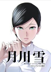 Rule 34 | 1girl, absurdres, black hair, commentary request, cover, green eyes, hayakawa pao, highres, lips, long sleeves, looking at viewer, shirt, short hair, simple background, solo, upper body, white background, white shirt