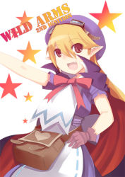 Rule 34 | 1girl, bag, belt, blonde hair, blue hat, bow, brown eyes, cape, copyright name, dress, fang, goggles, goggles on head, hand on own hip, happy, hat, heart, hip focus, johnny funamushi, long hair, marivel armitage, open mouth, pointy ears, ribbon, simple background, solo, star (symbol), vampire, wild arms, wild arms 2