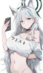 Rule 34 | 1girl, ahoge, alternate costume, animal ear fluff, animal ears, aqua eyes, arm behind back, black choker, blanc (whit blanc), blue archive, blush, bottomless, breasts, cellphone, choker, cleavage, cross hair ornament, grey hair, groin, hair ornament, halo, highres, holding, holding phone, large breasts, long hair, looking at viewer, mismatched pupils, navel, out-of-frame censoring, phone, shiroko (blue archive), shiroko terror (blue archive), shirt, simple background, solo, sparkle, stomach, very long hair, white background, white shirt, wolf ears