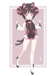 Rule 34 | 1girl, animal ear fluff, animal ears, bare shoulders, black dress, black footwear, black hair, blade (galaxist), blush, braid, cat ears, cat girl, cat tail, china dress, chinese clothes, commentary request, detached sleeves, double bun, dress, full body, hair bun, hands up, long sleeves, looking at viewer, multicolored hair, multiple tails, nekomata, nekoyama nae, open mouth, pink hair, red eyes, shoes, short eyebrows, sidelocks, sleeveless, sleeveless dress, socks, solo, standing, standing on one leg, streaked hair, tail, thick eyebrows, toranoana, two tails, virtual youtuber, white sleeves, white socks, wide sleeves