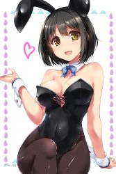 Rule 34 | 10s, :d, animal ears, arm support, bare shoulders, black hair, bow, bowtie, breasts, brown eyes, brown pantyhose, cleavage, covered navel, detached collar, fake animal ears, hairband, highres, idolmaster, idolmaster cinderella girls, large breasts, leotard, open mouth, pantyhose, paopao, playboy bunny, rabbit ears, sitting, smile, solo, takafuji kako, wrist cuffs