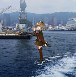 Rule 34 | 1girl, annin musou, bad id, bad twitter id, blazer, blue eyes, brown hair, brown legwear, brown skirt, building, commentary request, crane (machine), high ponytail, highres, jacket, kantai collection, kumano (kancolle), long hair, looking at viewer, machinery, orange neckwear, photo background, pleated skirt, ponytail, ship, skirt, solo, tower, turret, walking, walking on liquid, watercraft, waving