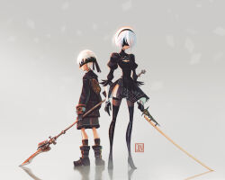 Rule 34 | 1boy, 1girl, 2b (nier:automata), 9s (nier:automata), absurdres, black blindfold, black dress, black gloves, black hairband, black thighhighs, blindfold, boots, breasts, child, clothing cutout, commentary, commentary request, dress, gloves, grey background, hairband, high heels, highres, jun chiu, leotard, long sleeves, medium breasts, nier:automata, nier (series), short hair, shorts, signature, simple background, thigh boots, thighhighs, weapon, white hair