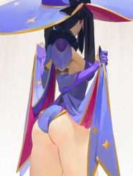 Rule 34 | 1girl, ass, black hair, blue capelet, blue hat, blue leotard, breasts, capelet, elbow gloves, facing away, from behind, fur-trimmed capelet, fur trim, genshin impact, gloves, gold trim, grey background, hat, highres, leotard, long hair, medium breasts, midfinger, mona (genshin impact), purple gloves, solo, standing, strapless, strapless leotard, thighs, twintails, witch hat