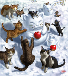 Rule 34 | 2013, animal, animal focus, apple, artist name, bird, cat, dated, closed eyes, food, fruit, matataku, no humans, open mouth, original, signature, snow, snowman, sparrow, too many, too many cats