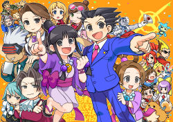 Rule 34 | &gt; &lt;, 10s, 2015, 6+boys, 6+girls, :o, ace attorney, ahoge, apollo justice, ascot, black eyes, black hair, blonde hair, blue badger, blue eyes, blue hair, blue pants, bow, braid, brooch, brown hair, capcom, closed eyes, coat, company connection, crossed arms, crossover, cup, dated, dick gumshoe, dog, earrings, ema skye, espella cantabella, everyone, eyewear on head, formal, franziska von karma, ghost trick, glasses, godot (ace attorney), green eyes, grey eyes, grey hair, hair bow, hair bun, hat, highres, japanese clothes, jewelry, kamila (ghost trick), larry butz, long hair, looking at viewer, lynne (ghost trick), magatama, mask, maya fey, mia fey, miles edgeworth, missile (ghost trick), mole, mole under eye, mole under mouth, mug, multiple boys, multiple girls, necktie, one eye closed, orange background, pants, parted bangs, pearl fey, phoenix wright, pink necktie, pointing, pomeranian (dog), ponytail, professor layton vs. phoenix wright: ace attorney, purple hair, purple skirt, red hair, sandals, satokichi, short hair, single hair bun, sissel (ghost trick), skirt, smile, steel samurai, suit, sunglasses, tongue, top hat, trucy wright, twin braids, wendy oldbag, white bow, white hair, yellow bow