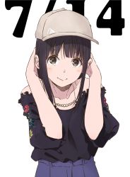 Rule 34 | 1girl, black hair, blunt bangs, brown eyes, dated, haine, highres, jewelry, looking at viewer, necklace, original, simple background, solo, white background