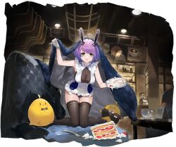 Rule 34 | 1girl, :o, ahoge, alchemaniac, animal ears, apron, azur lane, bare shoulders, bird, black thighhighs, black veil, breasts, cake, cake slice, cleavage, coffee, couch, cup, dress, embarrassed, fake animal ears, food, fork, frilled apron, frilled dress, frilled leotard, frills, fruit, full body, gloves, gluteal fold, green eyes, grey gloves, hair ornament, highres, holding, holding plate, holding tray, houston (azur lane), houston ii (azur lane), houston ii (ready to serve!) (azur lane), indoors, kneeling, large breasts, leotard, looking at viewer, maid, manjuu (azur lane), medium hair, no shoes, non-web source, nontraditional playboy bunny, official alternate costume, official art, open mouth, plate, purple hair, rabbit ears, skindentation, sleeveless, solo, strawberry shortcake, table, teacup, thighhighs, thighs, tray, veil, white apron, white gloves, zettai ryouiki