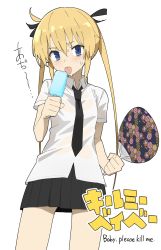 Rule 34 | 1girl, black necktie, black ribbon, black skirt, blonde hair, blue eyes, blush, copyright name, drawdrawdeimos, food, hair between eyes, hair ribbon, hand fan, highres, holding, holding fan, hot, kill me baby, licking, long hair, looking at viewer, necktie, pleated skirt, popsicle, ribbon, see-through, see-through shirt, shirt, short sleeves, simple background, skirt, solo, sonya (kill me baby), sweat, tongue, tongue out, twintails, white background, white shirt