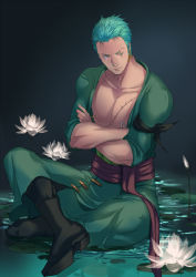 Rule 34 | 1boy, bare pectorals, boots, crossed arms, dark-skinned male, dark skin, eilinna, full body, green hair, japanese clothes, kimono, crossed legs, lily pad, long sideburns, male focus, muscular, muscular male, no nipples, one piece, open clothes, open kimono, pectorals, roronoa zoro, scar, scar across eye, scar on chest, scar on face, short hair, sideburns, smile, solo