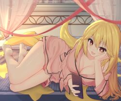Rule 34 | + +, 1girl, :d, absurdres, barefoot, blonde hair, blurry, blush, breasts, brown eyes, cellphone, cleavage, collarbone, commentary, crescent print, curtains, curvy, depth of field, eyelashes, feet, full body, hair between eyes, hand on own cheek, hand on own face, head rest, highres, holding, holding phone, indoors, knees together feet apart, large breasts, legs, long hair, long sleeves, looking at viewer, lying, nearoul kishi, no bra, on bed, on side, open mouth, pajamas, phone, pink pajamas, shokuhou misaki, sidelocks, single bare shoulder, smartphone, smile, soles, solo, sparkling eyes, star (symbol), star print, straight hair, thighs, toaru kagaku no railgun, toaru majutsu no index, toes