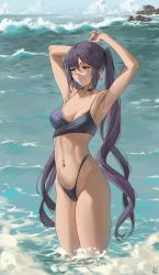 Rule 34 | 1girl, alternate costume, armpits, arms up, bare arms, bikini, black choker, black hair, breasts, choker, cleavage, commentary request, cowboy shot, day, genshin impact, green eyes, groin, highleg, highleg bikini, highres, long hair, looking at viewer, medium breasts, mona (genshin impact), navel, navel piercing, outdoors, piercing, ryudraw, smile, solo, swept bangs, swimsuit, thighs, twintails, very long hair, wading, wavy hair