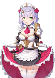 Rule 34 | 1girl, absurdres, apron, armor, armored dress, ascot, blunt bangs, braid, breasts, flower, garter straps, genshin impact, green eyes, hair flower, hair intakes, hair ornament, highres, lifted by self, light blush, looking at viewer, medium breasts, noelle (genshin impact), open mouth, pauldrons, raised eyebrows, red ascot, red flower, red rose, rose, short hair, shoulder armor, silver hair, simple background, solo, thighhighs, thighs, white apron, white background, white thighhighs, yansuiyuluo