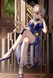 Rule 34 | 1girl, commentary request, crossed legs, detached sleeves, eyes visible through hair, formal, genshin impact, grey hair, high heels, holding, holding smoking pipe, long hair, looking at viewer, ningguang (genshin impact), ningguang (orchid&#039;s evening gown) (genshin impact), official alternate costume, parted bangs, red hair, short shorts, short sleeves, shorts, sidelocks, sitting, skym (kumei), smile, smoking pipe, solo, throne