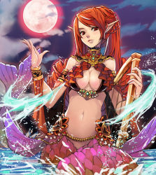 Rule 34 | 1girl, breasts, cleavage, drill hair, full moon, harp, instrument, jewelry, large breasts, lips, long hair, looking at viewer, lots of jewelry, mermaid, monster girl, moon, navel, original, pointy ears, qbspdl, red eyes, red hair, red moon, solo