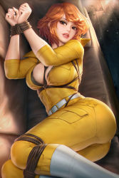 Rule 34 | 1girl, april o&#039;neil, ass, bdsm, bondage, bound, breasts, cleavage, couch, green eyes, highres, indoors, large breasts, looking at viewer, lying, neoartcore, on couch, on side, open mouth, pants, patreon username, red hair, shirt, short hair, solo, teenage mutant ninja turtles, yellow pants, yellow shirt