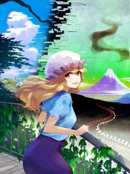 Rule 34 | 13-gou, 1girl, blonde hair, blouse, blue shirt, collared shirt, commentary request, fence, hat, leaning forward, looking at viewer, looking back, maribel hearn, mob cap, mountain, neo-traditionalism of japan, puffy short sleeves, puffy sleeves, purple skirt, shirt, short sleeves, skirt, touhou, white headwear, yellow eyes