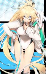Rule 34 | &gt;:(, 1girl, absurdly long hair, bare legs, black-framed eyewear, blonde hair, blue jacket, breasts, clenched hand, colored eyelashes, competition swimsuit, cowboy shot, fate/grand order, fate (series), hair between eyes, hand on own hip, high ponytail, highres, hood, hooded jacket, hose, impossible clothes, jacket, jeanne d&#039;arc (fate), jeanne d&#039;arc (ruler) (fate), jeanne d&#039;arc (swimsuit archer) (fate), jeanne d&#039;arc (swimsuit archer) (second ascension) (fate), large breasts, long hair, looking at viewer, multicolored background, no-kan, one-piece swimsuit, open clothes, open jacket, ponytail, serious, solo, swimsuit, thigh gap, thighs, very long hair, water, whistle, whistle around neck, white jacket, white one-piece swimsuit