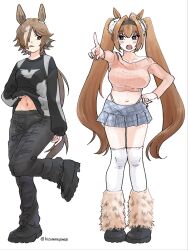 Rule 34 | 2girls, :o, alternate costume, animal ears, bare shoulders, black footwear, black hairband, black pants, black shirt, blue skirt, blush, boots, breasts, brown eyes, brown hair, closed mouth, collarbone, commentary request, crop top, daiwa scarlet (umamusume), fang, fur boots, grey hair, hair between eyes, hair intakes, hairband, highleg, highleg panties, highres, horse ears, horse girl, horse tail, index finger raised, large breasts, long hair, long sleeves, low ponytail, medium breasts, midriff, multicolored hair, multiple girls, navel, off-shoulder sweater, off shoulder, open mouth, outstretched arm, panties, pants, pink sweater, plaid, plaid skirt, pleated skirt, ponytail, puffy long sleeves, puffy sleeves, shirt, shoes, simple background, skirt, sleeves past wrists, standing, standing on one leg, sweater, tail, takumi (wichiha), thighhighs, thighhighs under boots, tongue, tongue out, twintails, twitter username, two-tone hair, umamusume, underwear, v-shaped eyebrows, very long hair, vodka (umamusume), white background, white panties, white thighhighs