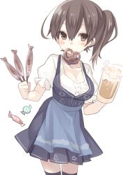 Rule 34 | 10s, 1girl, alcohol, alternate costume, apron, beer, beer mug, blue apron, blush, breasts, brown eyes, brown hair, cleavage, cup, dirndl, female focus, fish, food, german clothes, kaga (kancolle), kantai collection, large breasts, long hair, looking at viewer, mouth hold, mug, oktoberfest, orqz, pretzel, short hair, side ponytail, skirt, solo, thighhighs, underbust, waist apron