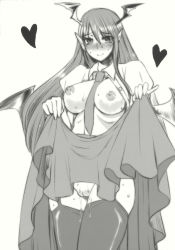 Rule 34 | 1girl, blush, breasts, clothes lift, doru riheko, embodiment of scarlet devil, female focus, greyscale, head wings, heart, highres, koakuma, large breasts, monochrome, necktie, nipples, no panties, non-web source, open clothes, open shirt, pointy ears, pussy, pussy juice, shirt, skirt, skirt lift, smile, solo, sweat, thighhighs, touhou, uncensored, wings