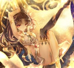 Rule 34 | 1girl, anklet, armlet, armpits, arms up, bare shoulders, black hair, blush, crown, earrings, elbow gloves, fate/grand order, fate (series), glitter, gloves, gold, hair ribbon, hoop earrings, ishtar (fate), ishtar (fate), jewelry, long hair, looking at viewer, miyuki ruria, navel, neck ring, pelvic curtain, red eyes, ribbon, single elbow glove, single thighhigh, smile, solo, stomach, thighhighs, tohsaka rin, two side up