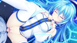 Rule 34 | 1girl, applique (company), asami asami, azurite, blood, blue hair, blush, censored, closed eyes, game cg, hat, long hair, penis, pussy, re:birth colony, sex, thighhighs, vaginal, defloration