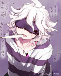 Rule 34 | 1boy, :p, ahoge, alternate costume, blindfold, collarbone, commentary request, danganronpa (series), danganronpa 2: goodbye despair, facing viewer, hair over eyes, hair over one eye, heart, heart print, hoshihuri, komaeda nagito, male focus, medium hair, messy hair, open mouth, pale skin, purple background, purple shirt, sexually suggestive, shirt, smile, solo, striped clothes, striped shirt, tongue, tongue out, translation request, two-tone shirt, upper body, white hair, white shirt