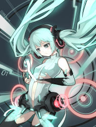 Rule 34 | 1girl, alternate costume, aqua eyes, aqua hair, bad id, bad pixiv id, bare shoulders, breasts, bridal gauntlets, closed mouth, clothing cutout, commentary request, cowboy shot, crost, elbow gloves, expressionless, gloves, hatsune miku, highres, hologram, navel, navel cutout, sidelocks, small breasts, solo, standing, twintails, vocaloid