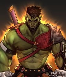 Rule 34 | 1boy, abs, arm hair, armlet, armor, asymmetrical sleeves, aura, bara, bare pectorals, beard, black pants, borrowed character, chest hair, chest harness, colored skin, crotchless, crotchless pants, dated, earrings, eyebrow cut, facial hair, fangs, from above, green skin, harness, jewelry, krain, large pectorals, looking at viewer, male focus, mature male, monster boy, muscular, muscular male, mustache, navel, nipples, nose piercing, nose ring, orc, original, out-of-frame censoring, pants, pauldrons, pectorals, piercing, pointy ears, revealing clothes, short hair, shoulder armor, single bare shoulder, snartles, solo, spiked armlet, stomach, thick eyebrows, undercut, veins, weapon, weapon on back