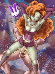 Rule 34 | 1girl, altair (artist), arms behind back, arms behind head, arms up, bent over, blue eyes, boots, breasts, censored, cleavage, cum, cum in pussy, dragon ball, dragonball z, earrings, gloves, jewelry, long hair, miniskirt, necklace, orange hair, panties, penis, pointy ears, pussy, sex, skirt, standing, takimoto dojo, underwear, upskirt, vaginal, zangya
