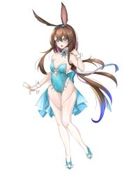 Rule 34 | 1girl, absurdres, amiya (arknights), animal ears, arknights, bare shoulders, blue bow, blue eyes, blue footwear, blue leotard, bow, brown hair, collarbone, cup, drink, drinking glass, frilled leotard, frills, full body, hair between eyes, hair bow, hair ornament, hairclip, hand up, highres, holding, holding cup, leotard, long hair, nanaya journey, rabbit ears, shoes, simple background, solo, standing, strapless, strapless leotard, thighhighs, very long hair, white background, white thighhighs, wrist cuffs