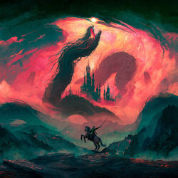 Rule 34 | 1boy, album cover, castle, colossus, commentary, cover, dragon, english commentary, facing away, fantasy, from behind, highres, holding, holding sword, holding weapon, horse, horseback riding, limited palette, link, monster, ninois, nintendo, open mouth, outdoors, overcast, rearing, red sky, riding, scenery, sharp teeth, silhouette, sky, sun, sword, teeth, the legend of zelda, weapon, wide shot, wyrm