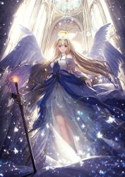 Rule 34 | 1girl, angel wings, aomaru (shta-chu-jisuiai), bare shoulders, blonde hair, breasts, closed mouth, commentary request, dress, fate/grand order, fate (series), halo, headpiece, highres, jeanne d&#039;arc (fate), long hair, looking at viewer, medium breasts, multiple wings, planted, planted sword, planted weapon, purple eyes, solo, sword, very long hair, weapon, white dress, wings