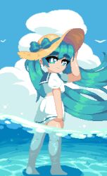 Rule 34 | 1girl, bird, blue eyes, blue hair, closed mouth, cloud, commentary, day, english commentary, from behind, full body, hand on headwear, hat, hatsune miku, long hair, looking at viewer, looking back, minimilieu, ocean, outdoors, partially underwater shot, pixel art, ribbon, school uniform, serafuku, shirt, skirt, skirt tug, smile, solo, straw hat, sun hat, sweat, thick eyebrows, twintails, very long hair, vocaloid, wading, water, white serafuku