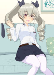 Rule 34 | 1girl, absurdres, ada badguy, anchovy (girls und panzer), anzio school uniform, belt, belt buckle, black necktie, black ribbon, black skirt, blush, breasts, brown belt, buckle, collared shirt, commentary request, couch, cushion, dress shirt, drill hair, feet out of frame, girls und panzer, green hair, hair between eyes, hair ribbon, highres, holding, indoors, long hair, long sleeves, looking at viewer, medium breasts, mimikaki, necktie, unworn necktie, on couch, open mouth, pantyhose, picture frame, red eyes, ribbon, school uniform, shirt, shirt tucked in, sitting, skirt, smile, solo, twin drills, twintails, white pantyhose, white shirt