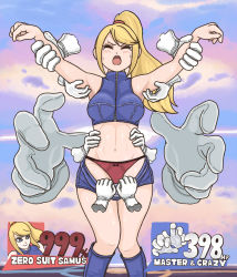 Rule 34 | 1girl, armpits, arms up, artist request, assisted exposure, blush, breasts, clothes pull, crazy hand, crop top, master hand, metroid, navel, nintendo, panties, pants, pants pull, red panties, restrained, samus aran, short shorts, shorts, super smash bros., sweat, tagme, tickling, underwear