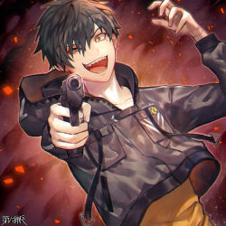 Rule 34 | 1boy, aiming, aiming at viewer, black hair, character request, commentary request, dairoku ryouhei, evil smile, eyeshadow, fang, gun, handgun, holding, holding gun, holding weapon, hood, hood down, hoodie, looking at viewer, makeup, mole, mole under eye, official art, penguu (green528), pistol, short hair, smile, weapon, yellow eyes