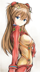 Rule 34 | 1girl, artist request, blue eyes, bodysuit, breasts, brown hair, curvy, evangelion: 2.0 you can (not) advance, hair ornament, hairpods, interface headset, long hair, looking at viewer, medium breasts, neon genesis evangelion, plugsuit, rebuild of evangelion, red bodysuit, shiny clothes, skin tight, solo, souryuu asuka langley, test plugsuit, wide hips