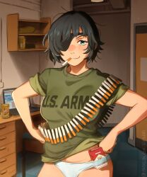 Rule 34 | 1girl, absurdres, black hair, blush, box, breasts, can, chainsaw man, cigarette, cigarette pack, clothes writing, commentary, computer, eyepatch, green eyes, green shirt, hands on own hips, highres, himeno (chainsaw man), indoors, khyle., laptop, medium breasts, mouth hold, no pants, panties, shirt, short hair, short sleeves, solo, t-shirt, underwear, upper body, white panties