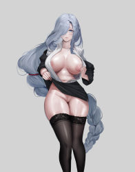 Rule 34 | 1girl, absurdres, alternate costume, blue eyes, braid, breasts, breasts apart, cleft of venus, commentary, english commentary, feet out of frame, formal, gcg, genshin impact, grey background, grey hair, hair over one eye, highres, inverted nipples, large areolae, large breasts, lifting own clothes, long hair, looking at viewer, low-braided long hair, low-tied long hair, miniskirt, navel, no bra, no panties, one eye covered, pussy, shenhe (genshin impact), sidelocks, skindentation, skirt, solo, tassel, thighhighs, very long hair, white hair